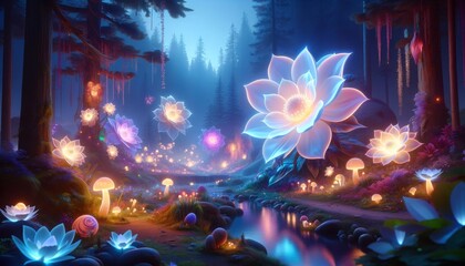A fantasy landscape featuring glowing, oversized flowers and floating petals in a mystical forest.