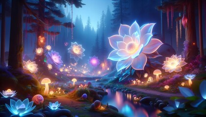 Fototapeta premium A fantasy landscape featuring glowing, oversized flowers and floating petals in a mystical forest.