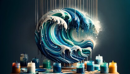 Create a detailed image that mimics the ocean's hues, with shades of blue, green, and white paint dripping down to form wave-like patterns.