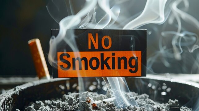 An anti-smoking image with the inscription "Do not smoke" with a column of cigarette smoke on the background of an ashtray