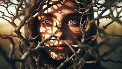 A face partially obscured by a web of tree branches, focusing on the eyes that are clear and visible. - obrazy, fototapety, plakaty