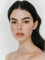 A beautiful girl with dark hair, an oval face, and smooth skin looks at the camera against a white background. She has perfect eyebrows, thin lips, plump cheeks, and minim