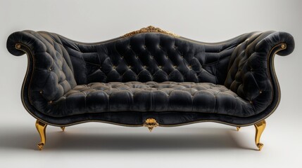 Antique black  leather sofa with gold legs. White background. Photo realistic