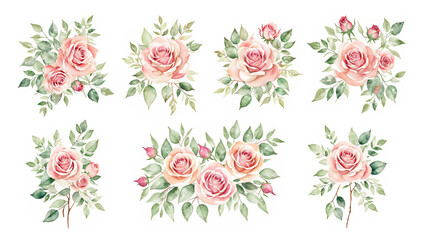 Set of Watercolor pink roses, Rose flower Decoration for Mother's day card, weddings, wedding design, wedding invitation.