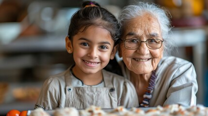 Granddaughter is cooking with a grandmother. Grandma teaches her granddaughter how to cook. Family bonding concept.
 - obrazy, fototapety, plakaty