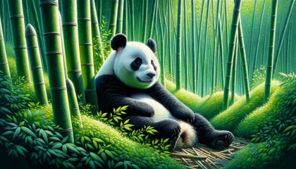  Create a detailed and vivid image of a peaceful panda among a bamboo forest, highlighting the contrast between the animal's black and white fur and th. © FantasyLand86