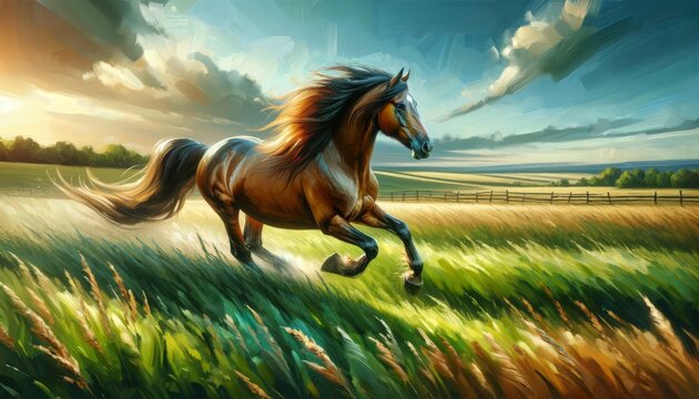 Create a detailed and vivid image of a horse running freely in a field, in a 16_9 ratio.