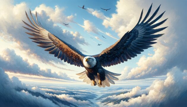 Create a detailed and vivid image of an eagle in flight, capturing the majesty and power of the bird.