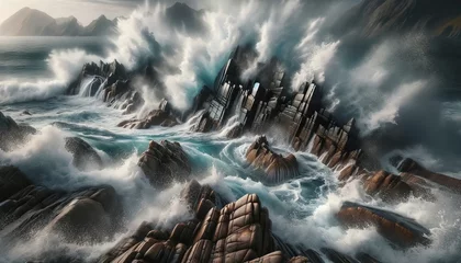 Fototapeten A detailed image showcasing waves crashing against a rocky shoreline. © FantasyLand86