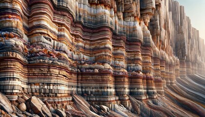 A detailed image showcasing layers of sedimentary rock in a cliff face.