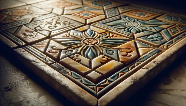 A close-up image of a single tile from a vintage geometric pattern, showcasing the intricate details, texture, and color variations.