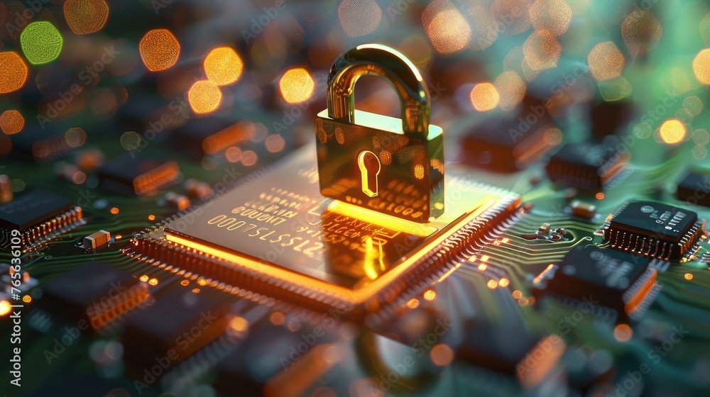 Leinwandbilder A golden padlock is floating above the computer chip, creating an atmosphere of security and data protection legal aspects. Generative AI.