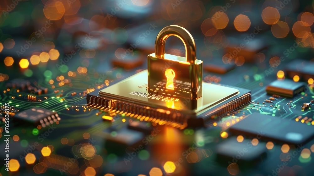 Leinwandbilder A golden padlock is floating above the computer chip, creating an atmosphere of security and data protection legal aspects. Generative AI.