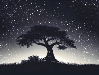 A stunning depicting the silhouette of a grand tree against a starry night sky The ancient twisted branches