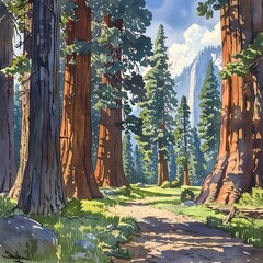 This breathtaking depicts an awe-inspiring avenue of ancient towering sequoia trees lining a winding forest path