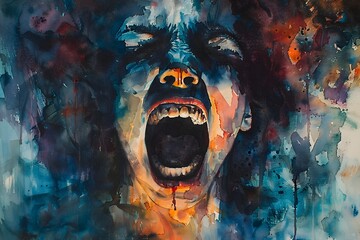 Chilling Watercolor Interpretation of a Haunting Scream in the Mysterious Night - obrazy, fototapety, plakaty