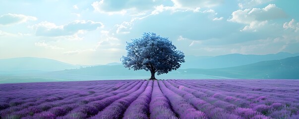 Lone Tree in a Lavender Field,a Contrast of Color and Calm,Illustrative Scene