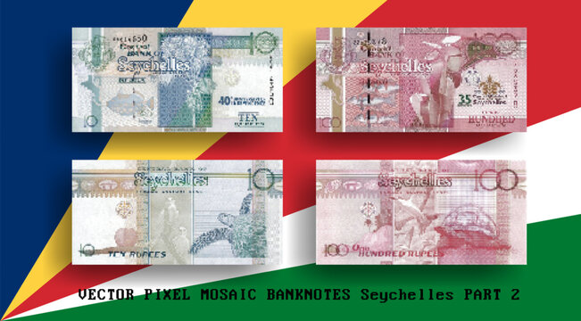 Vector set of pixel mosaic banknotes of Seychelles. Collection of notes in denominations of 10 and 100 rupees. Obverse and reverse. Play money or flyers. Part 2