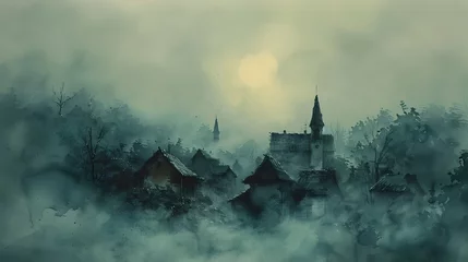 Zelfklevend Fotobehang Ethereal Shroud:Abandoned Medieval Village Veiled in Mystical Fog © Meta