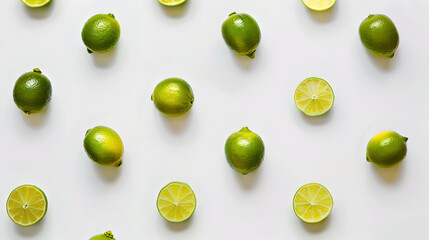 top down view of green yellow whole and half limes evenly distributed on white background