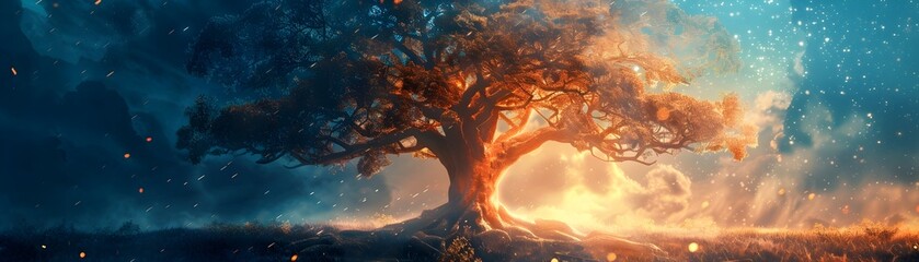 Mythical Tree of Life Bursting with Cosmic Energy and Infinite Narratives - obrazy, fototapety, plakaty