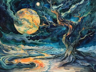 Surreal watercolor landscape under a mysterious full moon with twisted forest.