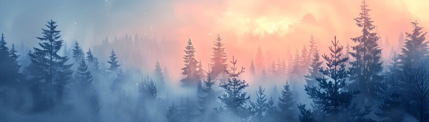 a serene and mystical winter landscape where frost-covered pine trees stand tall amidst a hazy