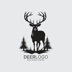 black and white deer logo in vector format. Perfect silhouette for hunting, clipart, designs, and impactful illustrations. Download now deer buck logo!