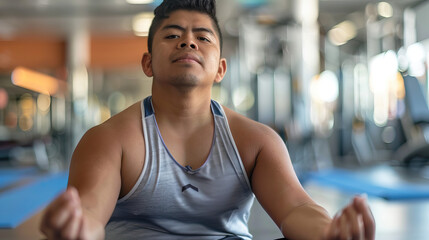 Fototapeta na wymiar A Latino young man with Down syndrome looking peaceful and content while working as a yoga instructor in a fitness center. Learning Disability