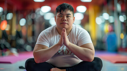 Fototapeta premium A Latino young man with Down syndrome looking peaceful and content while working as a yoga instructor in a fitness center. Learning Disability