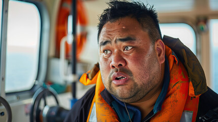 A Pacific Islander man with Down syndrome expressing curiosity and interest while working as a marine biologist on a research boat. Learning Disability - obrazy, fototapety, plakaty