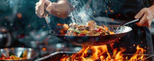 Professional chef flips a searing stir-fry in a wok, flames engulfing the savory dish in a commercial kitchen - obrazy, fototapety, plakaty
