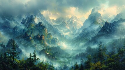Celestial kingdoms atop cloud-shrouded mountains accessible through a mystical forest where dragons roam - obrazy, fototapety, plakaty