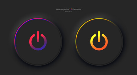 A set of round buttons with the power symbol in black. User interface elements for mobile devices in the style of neumorphism, UI, UX. Vector EPS 10.