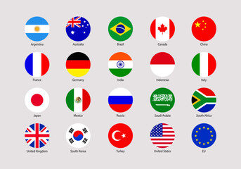 The Group of Twenty flags rounded icons. G20 official signs with members countries names. Vector USA ,Canada, France, Germany, Italy, Japan, UK, EU, China simple badges. Circle geometric shapes.