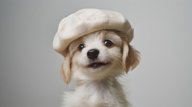 Adorable AI-Generated Dog Wearing a Beret Poses for a Charming Portrait. Perfect for Greeting Cards and Animal-Themed Projects. Warm and Whimsical Image. AI