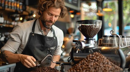 Barista in apron grinding coffee beans - obrazy, fototapety, plakaty