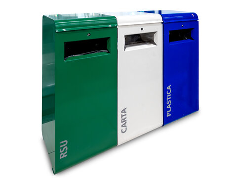 Italian waste recycling bins, green RSU (municipal solid waste), white CARTA (paper) and blue PLASTICA (plastic) isolated