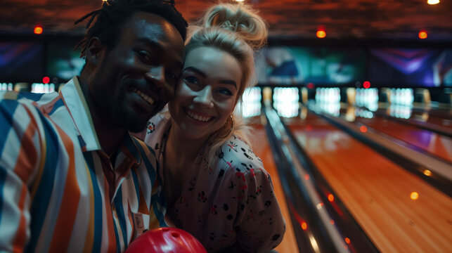 An interracial couple smiles together at a bowling alley.