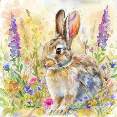 Watercolor colorful illustration of cute Easter bunny, seasonal greeting card - 765637524