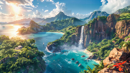 Majestic waterfall in a tropical forest, showcasing the powerful and serene beauty of natural landscapes