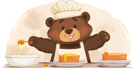 Cheerful Brown Bear Baking Homemade Honey Cakes in the of a Skilled Culinary Artisan - obrazy, fototapety, plakaty