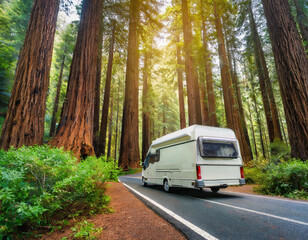 A camper van parked against a backdrop of towering redwood trees invites viewers to embark on road trips and outdoor camping adventures. - obrazy, fototapety, plakaty