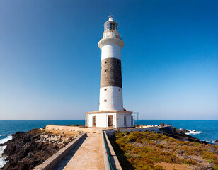 A lighthouse stands tall against a cloudless sky, guiding ships safely along the coast. - obrazy, fototapety, plakaty