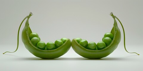 Two green pea pods sit in a symmetrical minimalist composition against a clean white background