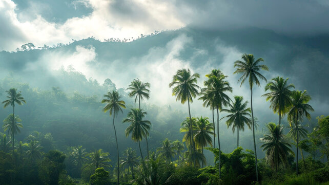 Forest tropical panorama top view green jungle in the foreground palm trees in the background fog