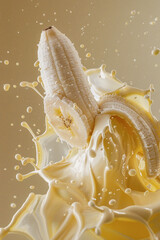 Banana Falling Into Milk Splash on Bright Background, Dynamic Close-Up Shot, Healthy and Fresh, Ideal for Marketing Materials