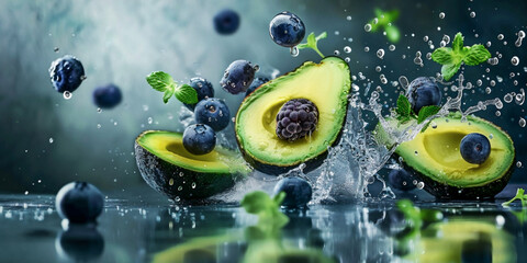 Avocado Splashing Into Water With Blueberries, Mint Leafs and Blackberries on Dark Background, Dynamic Close-Up Shot, Healthy and Fresh, Ideal for Marketing Materials