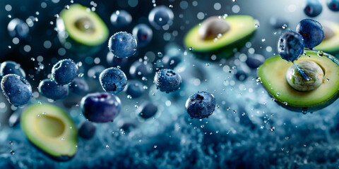 Avocados And Blueberries Falling and Splashing into Water on a Dynamic Background, Close Up Shot, Healthy and Fresh, Ideal for Marketing Materials 