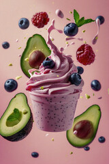 Cup of Strawberry Ice Cream With Blueberries, Avocado, Raspberries and Mint Leafs Floating on Pink Background, Dynamic Close Up Shot, Healthy and Fresh, Ideal for Marketing Materials